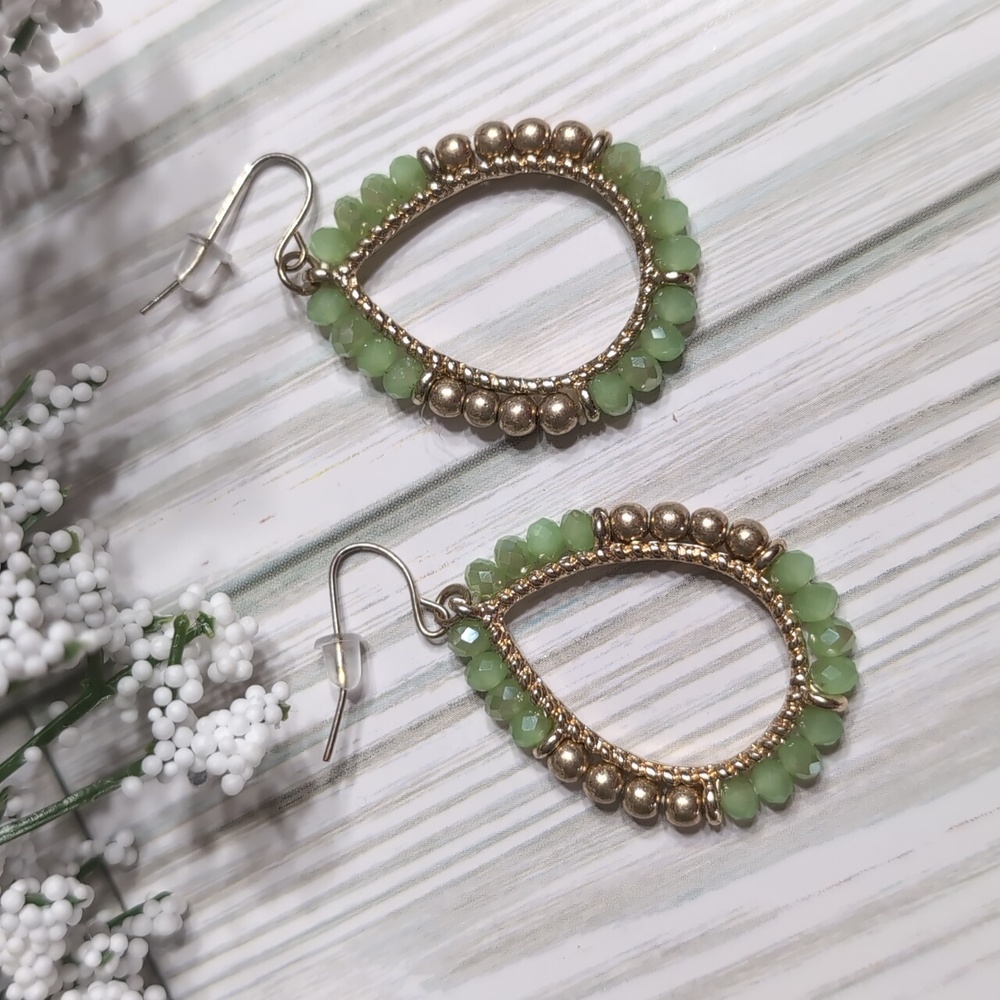 New York & Co. Elegant Green and Gold Beaded Teardrop Earrings